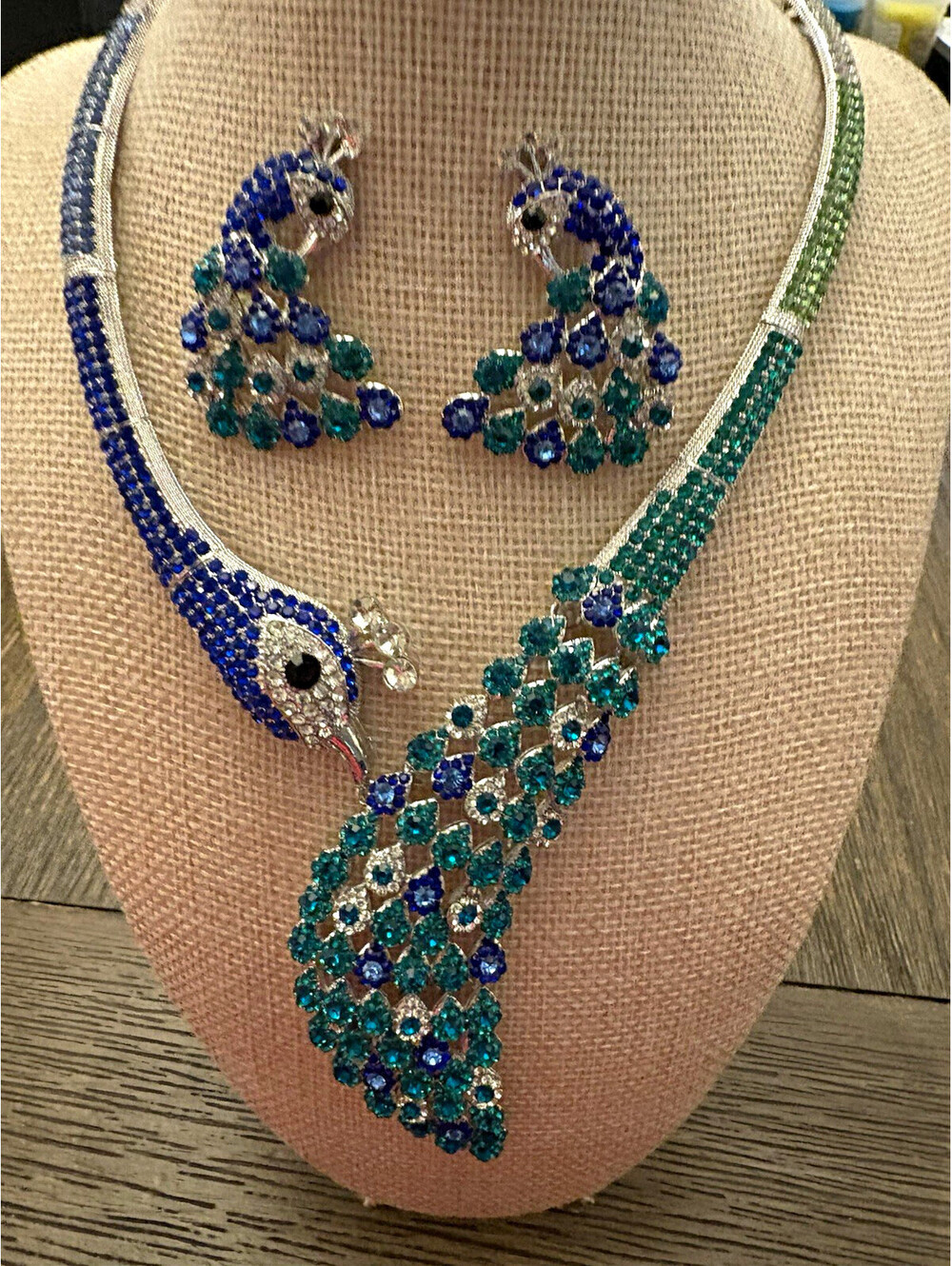 Beautiful Peacock Crystal Rhinestone Necklace With Earrings